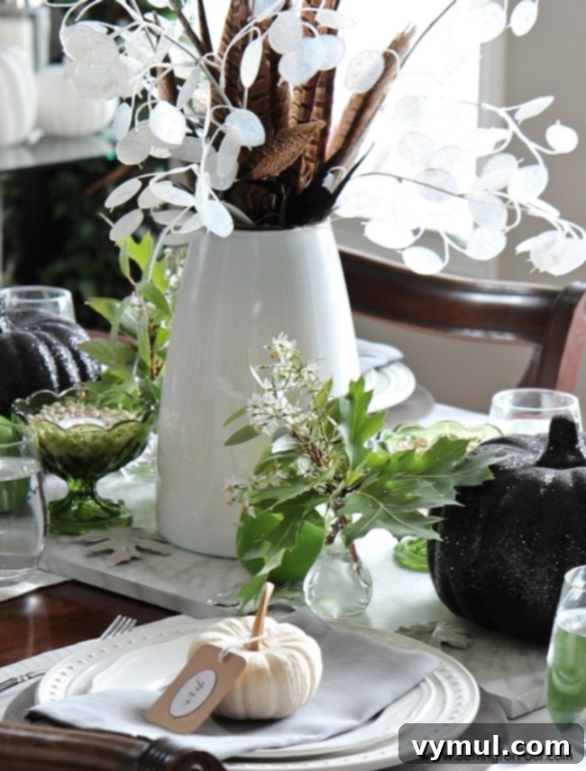 Fall Farmhouse Focal Points Cozy Cottage Centerpieces 17 Unique Fall Table Centerpiece with Glittery Black Pumpkins and Feathers