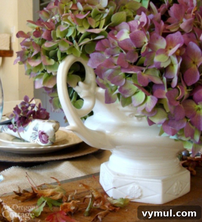 Fall Farmhouse Focal Points Cozy Cottage Centerpieces 3 Rustic Purple Hydrangea Fall Centerpiece Idea