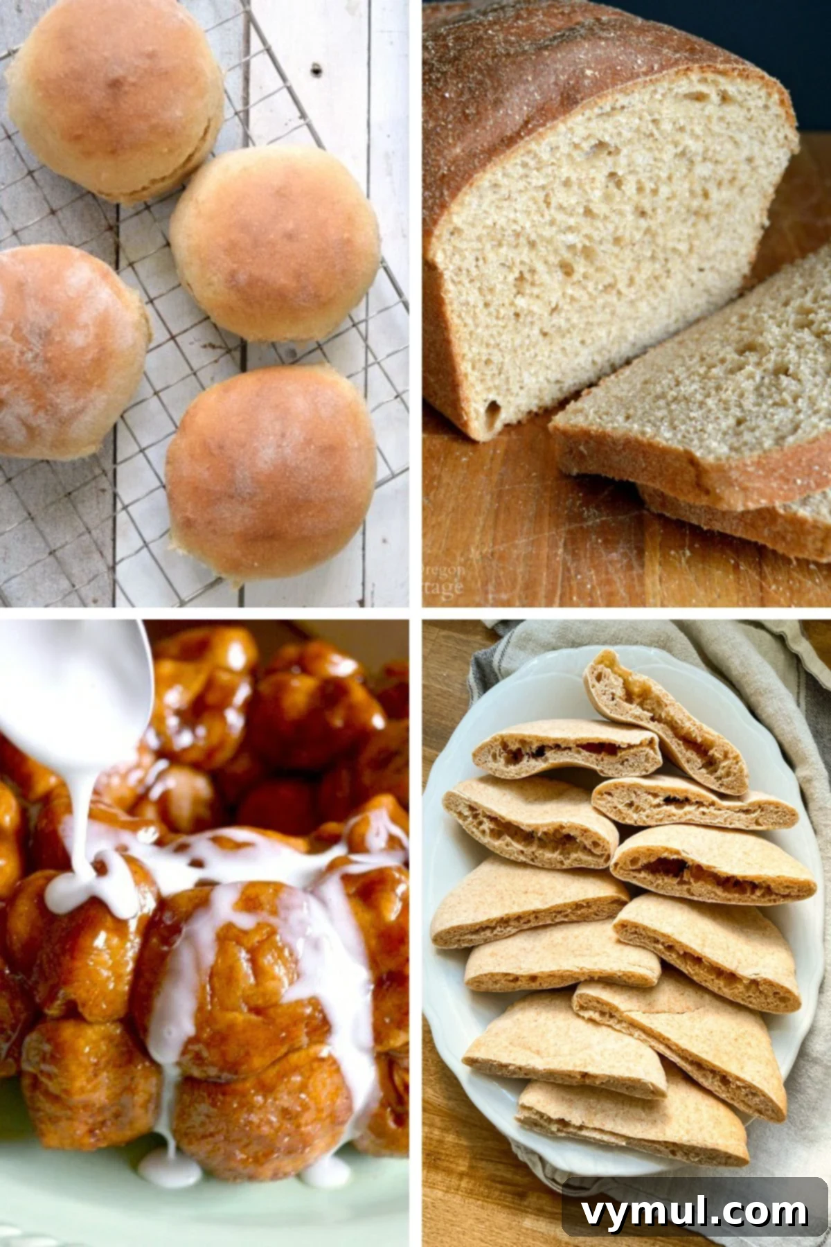 A vibrant display of four different delicious breads, all made without eggs, showcasing the variety and appeal of egg-free baking.