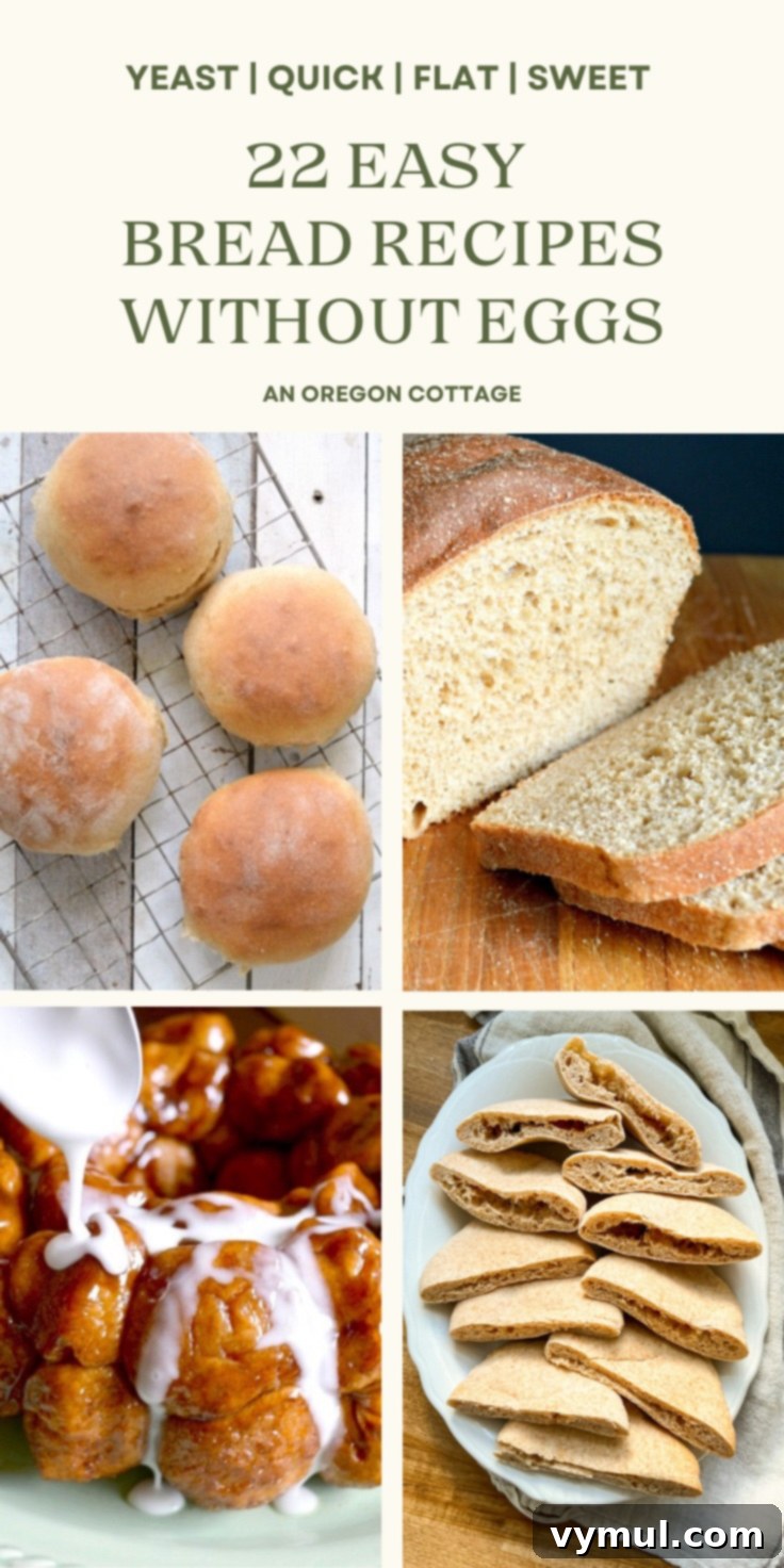 A beautifully composed Pinterest graphic showcasing various types of bread, all made without eggs, with a clear call to action for egg-free recipes.