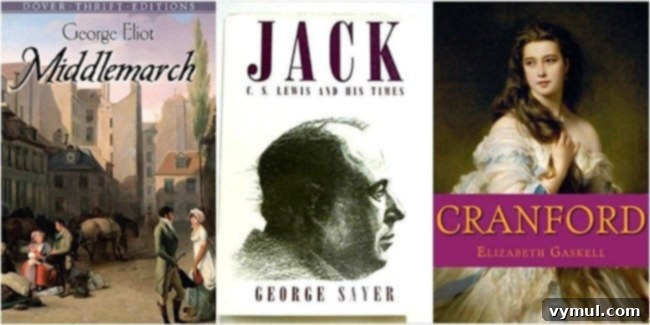 September 2018 Book covers - Reviews of Middlemarch, Jack-CS Lewis & His Times, Cranford