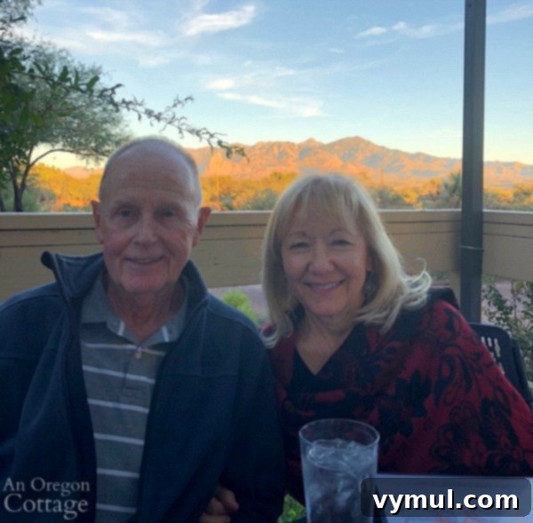 Stunning deck view at Firefly Restaurant, Arizona sunset over mountains.