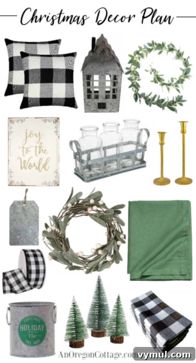 Green, Galvanized, Gold & Buffalo Check Christmas decor plan board for 2018