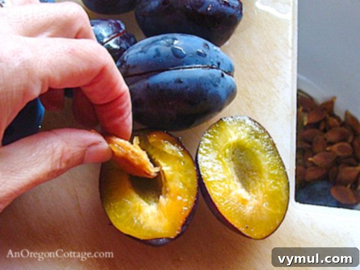 removing pits from cut plums