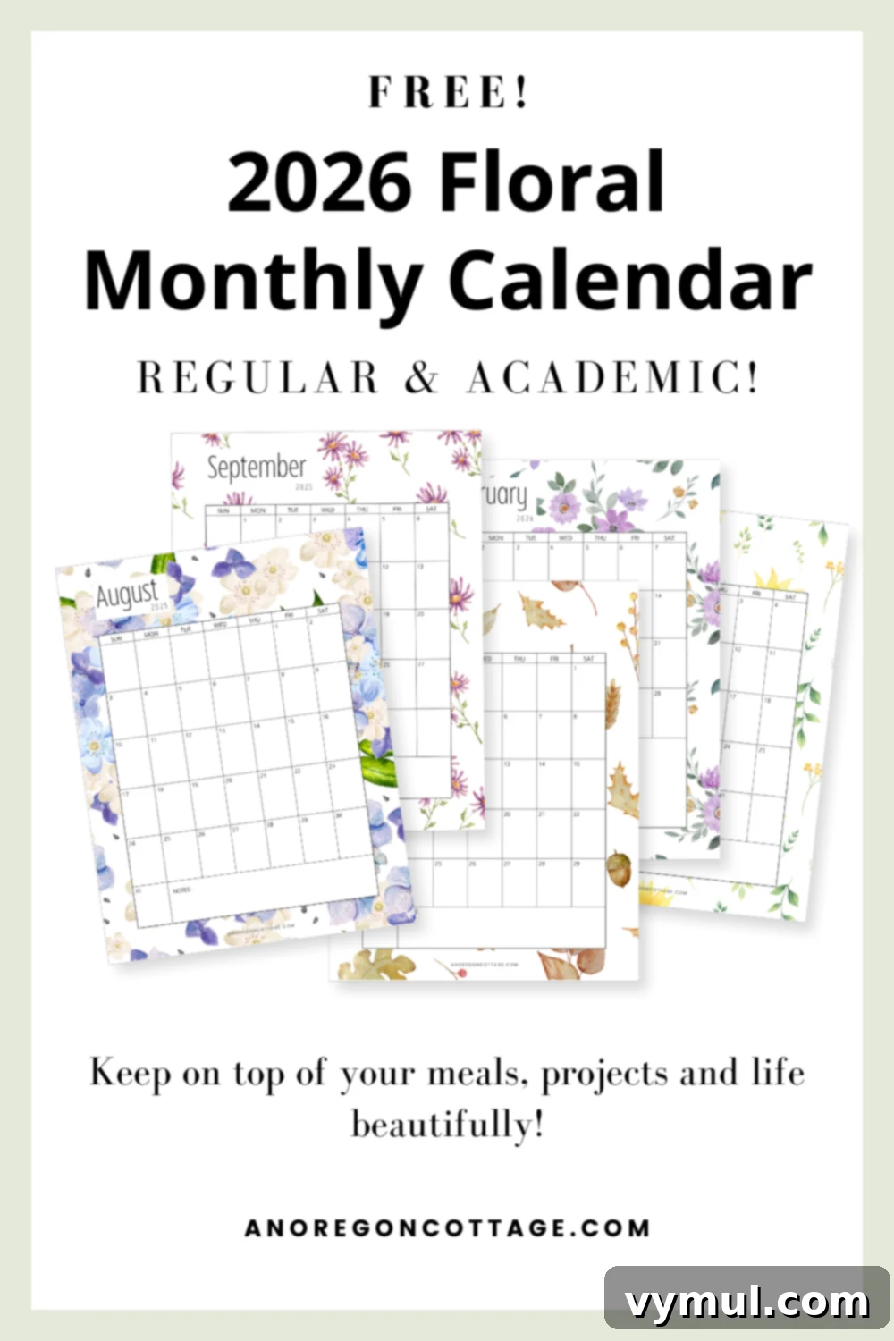 monthly calendar pages for 2026 floral design