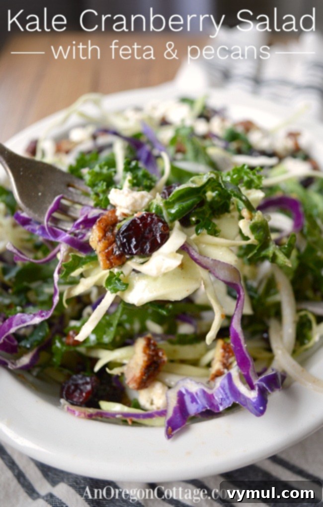 Close-up of Kale Cranberry Salad with feta and maple pecans