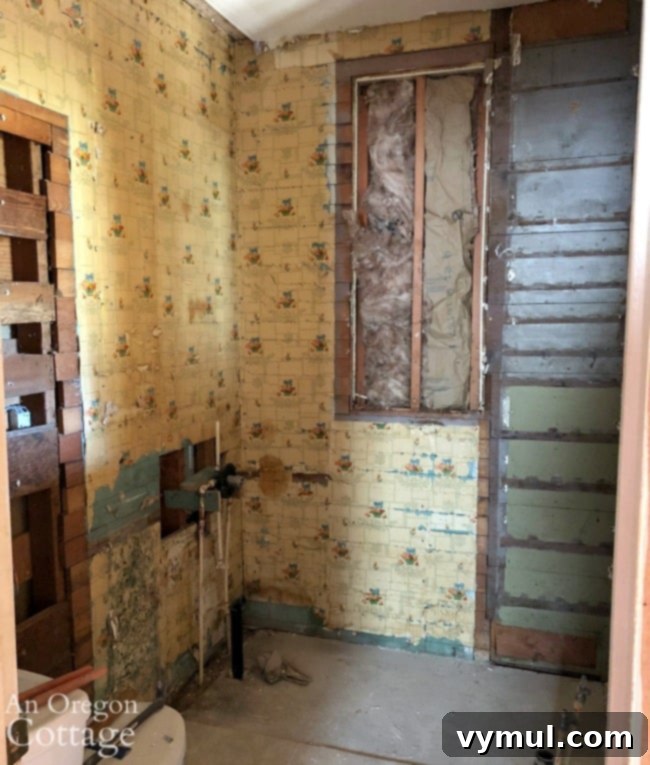 Farmhouse bathroom with charming wood walls and wallpaper, awaiting renovation.