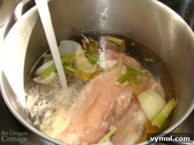 traditional chicken stock-adding water to pot