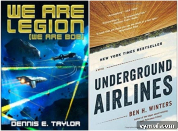 Episode 53 Finding Joy Through Gratitude Life Updates and Comfort Food Deep Dive 6 Covers of two highly recommended audiobooks, 'We are Legion, We are Bob' and 'Underground Airlines', perfect for mid-winter listening pleasure