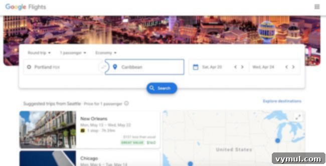 Google Flights interface showing flight search options for various destinations