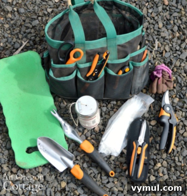 Grow Green Live Easy 21 Organic Gardening Secrets 9 Garden tote bag filled with essential gardening tools and supplies