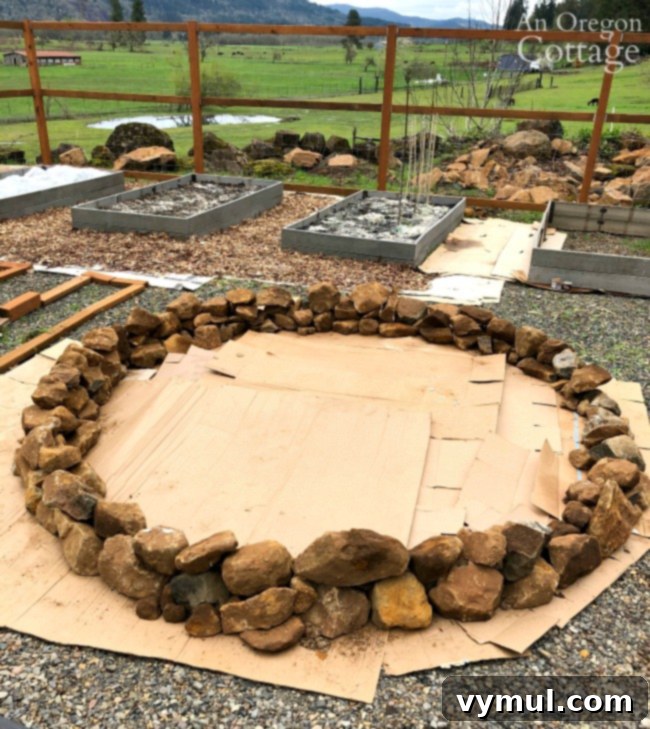 Building a rustic round raised garden bed from salvaged rocks in the garden