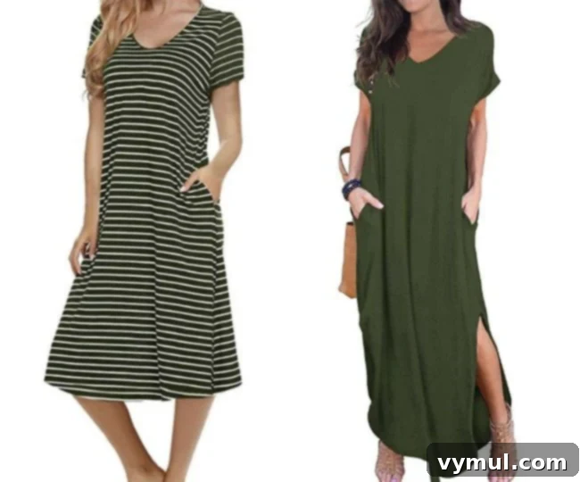Two comfortable, flowy green midi and maxi dresses perfect for warm weather and beach vacations