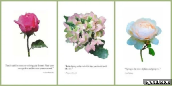 Three printable floral watercolor garden quotes arranged as a triptych for home decor