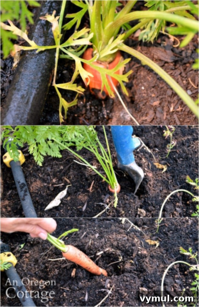 A person's hands gently harvesting carrots from moist soil, showcasing healthy root vegetables.