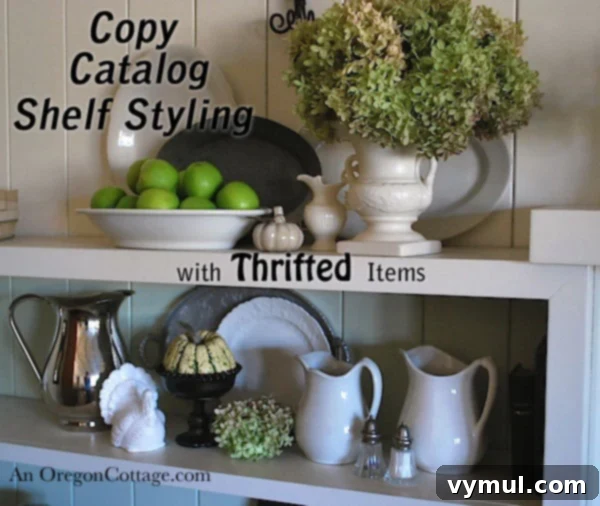 Styling with Thrift Items for Home Decor Styling a shelf with vintage thrift store items including a white turkey, pewter tray, and ceramic dishes.