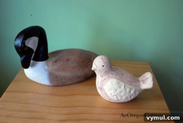 Before and after comparison of thrift store bird figurines