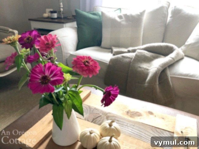 Simple & Serene Fall Home Refresh 4 fall 2019 couch with zinnias