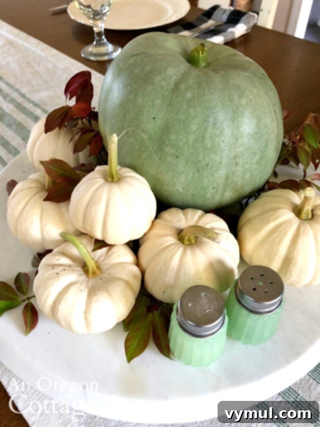 Simple & Serene Fall Home Refresh 7 white and green pumpkin centerpiece