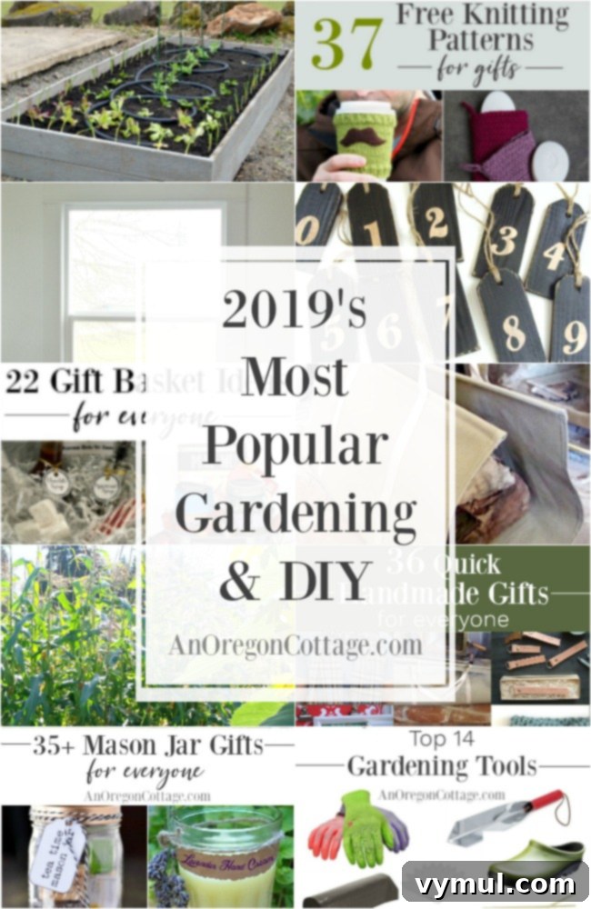 A vibrant collage featuring diverse gardening and DIY projects, including raised vegetable beds, farmhouse window trim, handmade log carriers, and various gift ideas. This image showcases popular home and garden crafts for a simple, homemade life.
