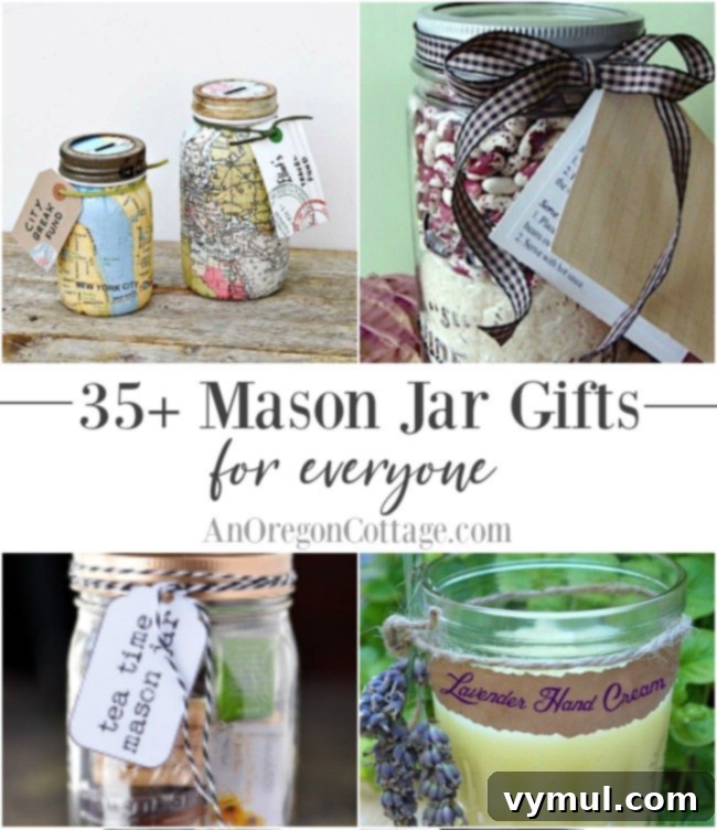 A square collage displaying numerous Mason jar gift ideas, showcasing creative and personalized presents.
