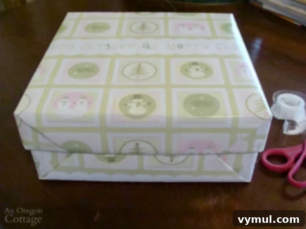 A neatly finished wrapped box with a lid, showcasing a perfect gift-wrapping technique.