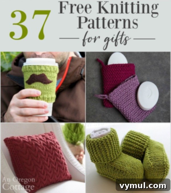 A collage featuring various easy and free knitting patterns perfect for making thoughtful gifts. The image highlights different knit items like scarves, hats, and small home decor, suggesting simple and quick crafting projects.