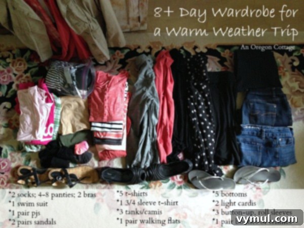 A perfectly packed carry-on suitcase for an 8-day wardrobe, demonstrating efficient travel packing techniques.