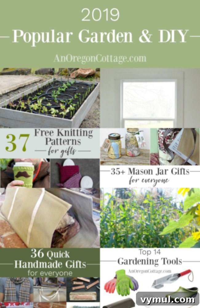 A visually appealing pin image summarizing the most popular gardening ideas and DIY projects from 2019, including tutorials for raised beds, farmhouse window trim, log carriers, and handmade gifts, all promoting a simple, homemade lifestyle.