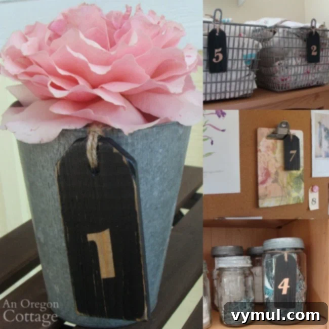 Collection of numbered wooden tags creatively used around a house for organization and decor, showcasing three DIY methods.