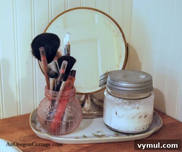 Organized bathroom items including a mirror and makeup brushes on a porcelain tray