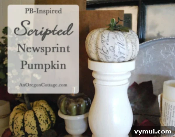 scripted-newsprint-pumpkin Handcrafted scripted newsprint pumpkin, perfect for elegant fall decor