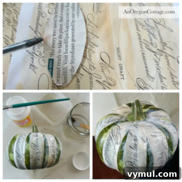 script-pumpkin-steps Step-by-step process of creating a DIY scripted newsprint pumpkin