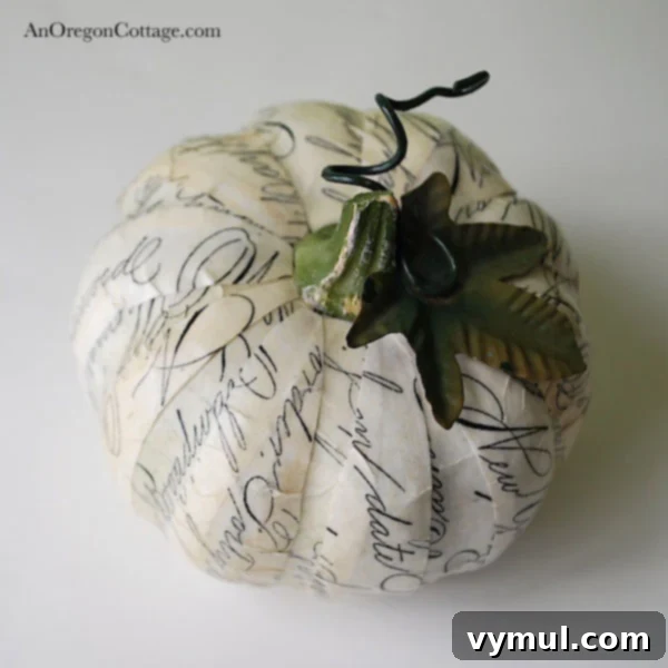 script newsprint pumpkin Finished DIY scripted newsprint pumpkin, a unique piece of fall decor