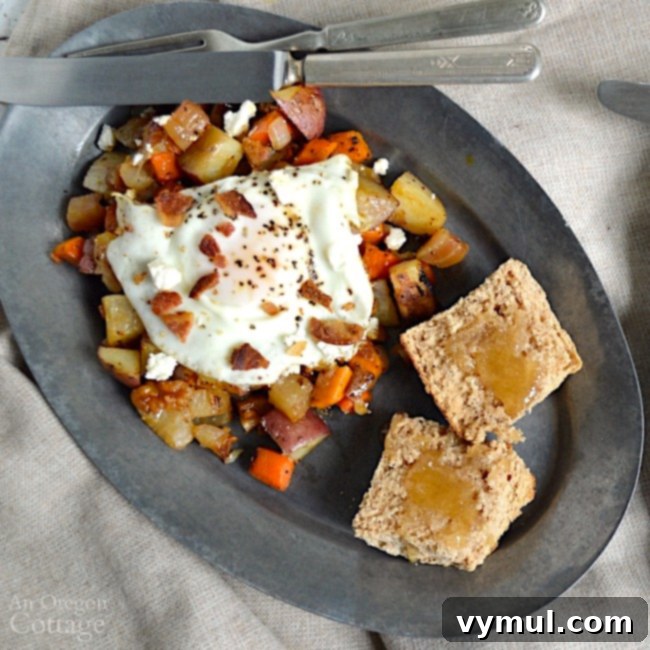 Roasted Root Vegetable Hash with bacon eggs and feta