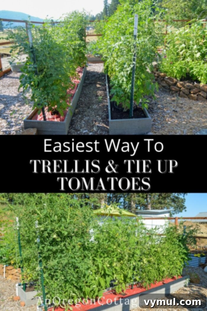 Simple Secrets to Perfectly Trellised Tomatoes 10 Pin image: Easy way to tie and trellis tomatoes using cattle panels and bungee cords