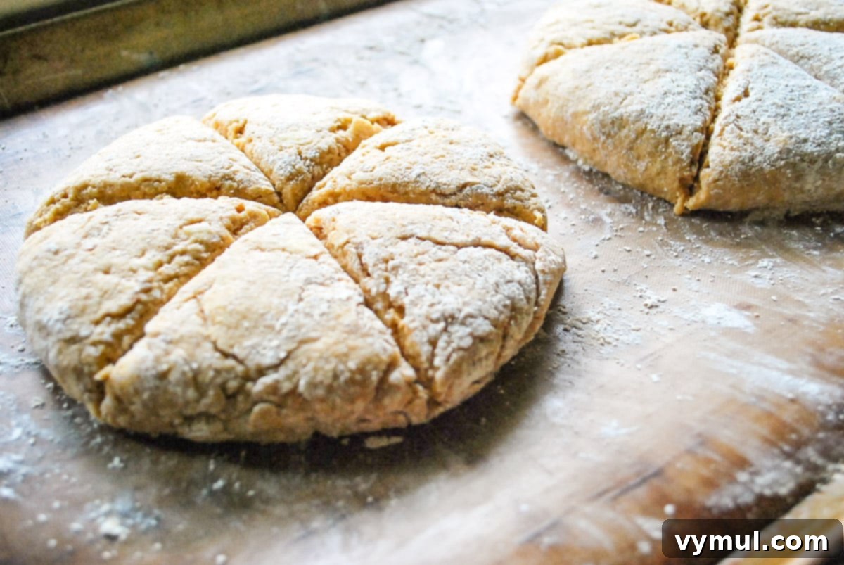 Luscious Double Apple Scones with Golden Caramel Glaze 4 Floured, scored scone dough rounds, meticulously cut into sixths on a baking sheet, ready for the freezer.