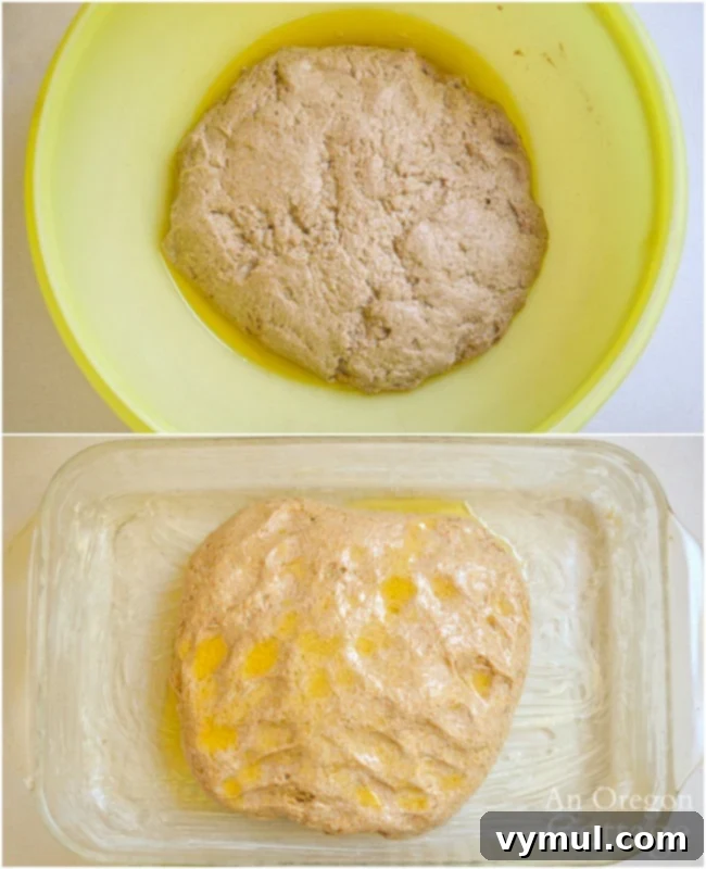Bowl of freshly mixed sourdough focaccia dough after its initial rise