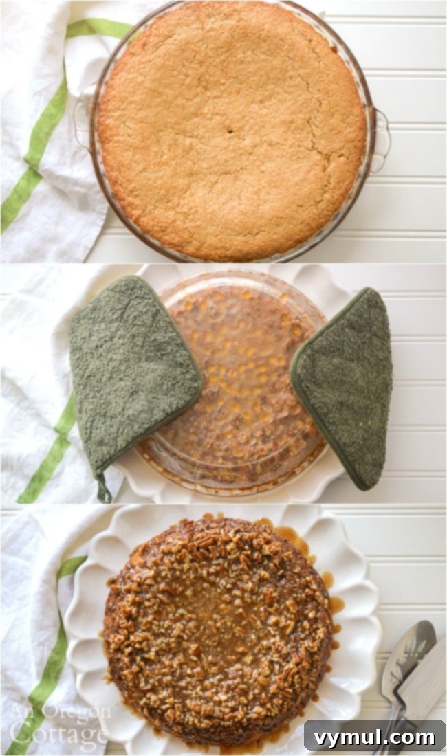 A freshly baked sourdough coffee cake being carefully flipped onto a serving plate to reveal its sticky bun topping.