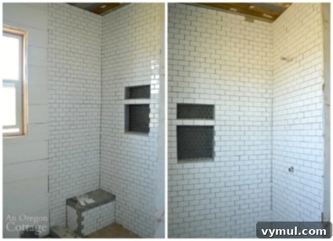 Partially tiled shower in a farmhouse bathroom, showcasing both left and right views of the work in progress.