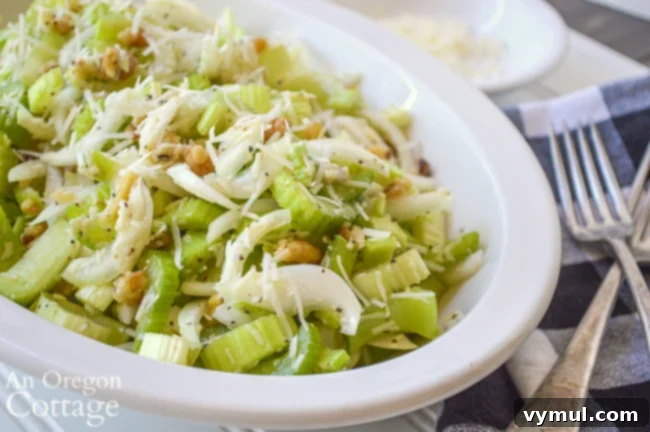 Close-up of parmesan celery onion salad in a bowl, showing texture