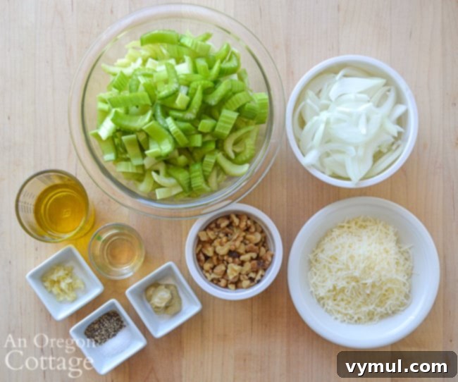 Ingredients for parmesan celery onion salad laid out