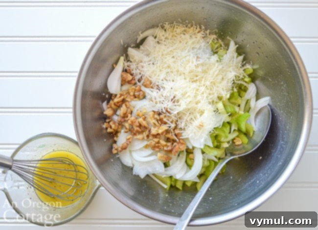 Making parmesan celery onion salad, showing ingredients being mixed