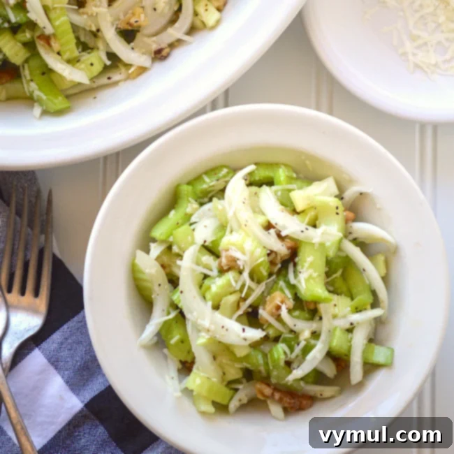 Celery onion salad in a bowl, top view