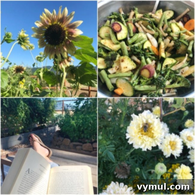 The 29th Edition: Summer, Garlic, Goji Berries, Books & Beyond 3 enjoying summer collage-flowers-reading-vegetables