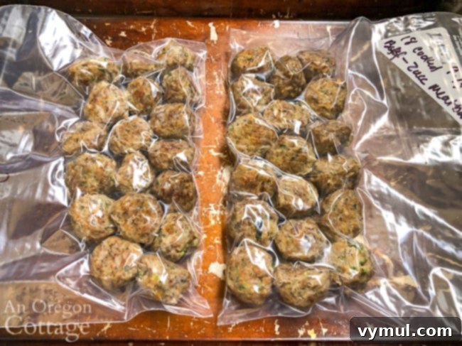 Frozen zucchini meatballs neatly stored in labeled freezer bags, ready for future meals.