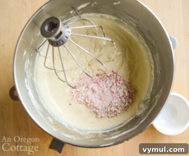 adding crushed peppermint candies to Mini Cookie Peppermint Cheescake batter
