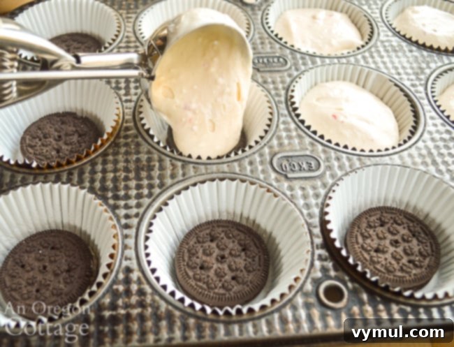 scooping cheesecake batter for Mini Cookie Peppermint Cheescake into muffin liners