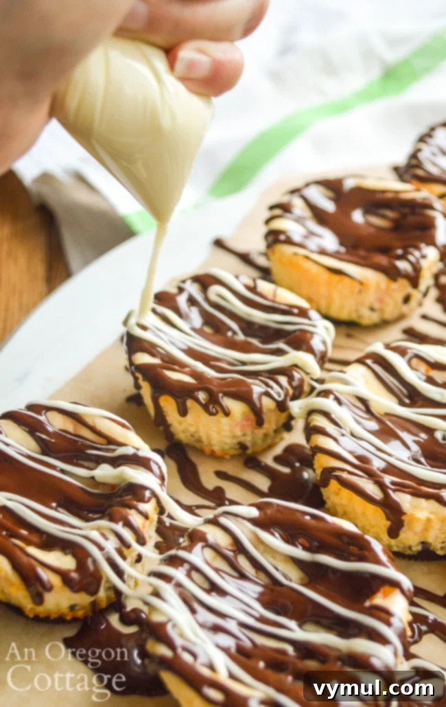 drizzling chocolate on Mini Cookie Peppermint Cheescakes with crushed peppermints