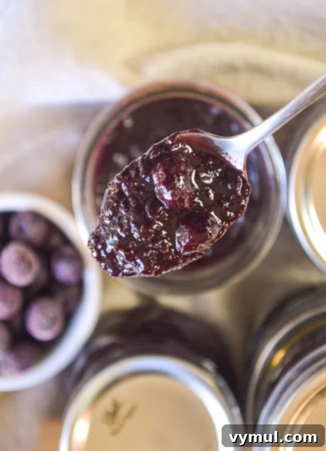 blueberry chutney on spoon over jars